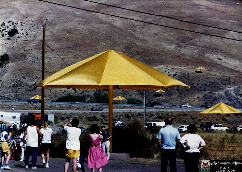 1760 Giant Yellow Umbrella Art Exhibit in Gorman California by Christo Javacheff of Bulgaria, October 1991. JCMDI.COM